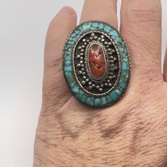 Vintage Statement Ring Tibetan Coral & Turquoise Inlay Handcrafted Tribal Sz6.75 - Picture 4 of 13